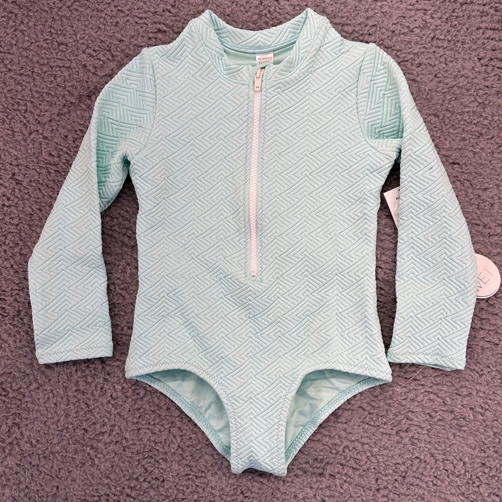 Minny Wet Girls 8Y Rash Guard One Piece Swimsuit Aqua Long Sleeve Zip Front NWT